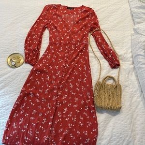 Dynamite Red Long Sleeve Midi Floral Dress. Buttons. Size S. Perfect condition.